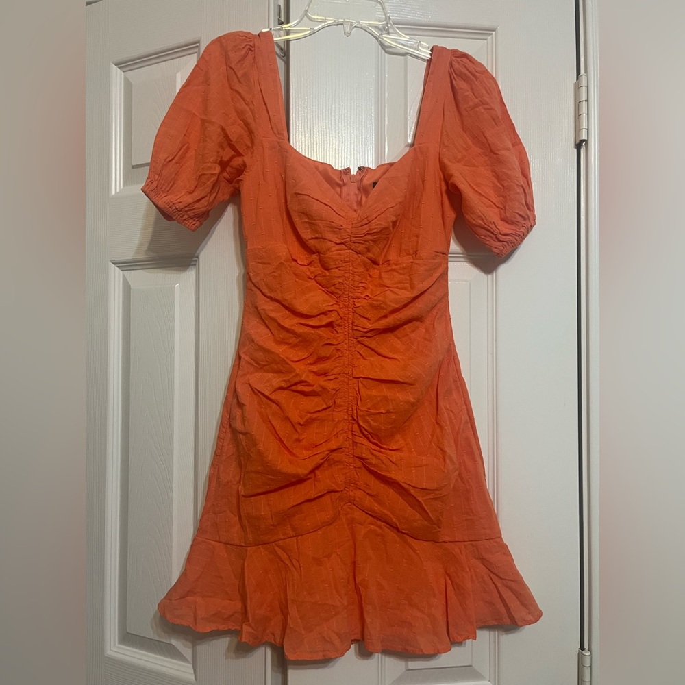 Mini Dress in Vibrant Orange with Puff Sleeves